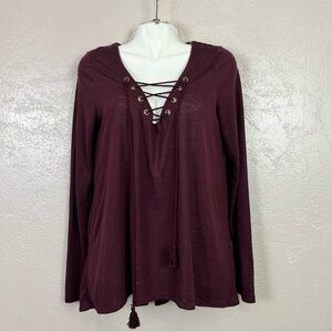 Coco‎ + Jaimeson Womens Top Burgundy Crochet Long Sleeves Polyester  XL